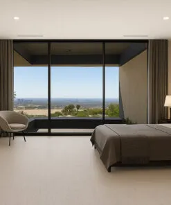 Eco-friendly Bleached Birch cork flooring in a serene bedroom with panoramic views.