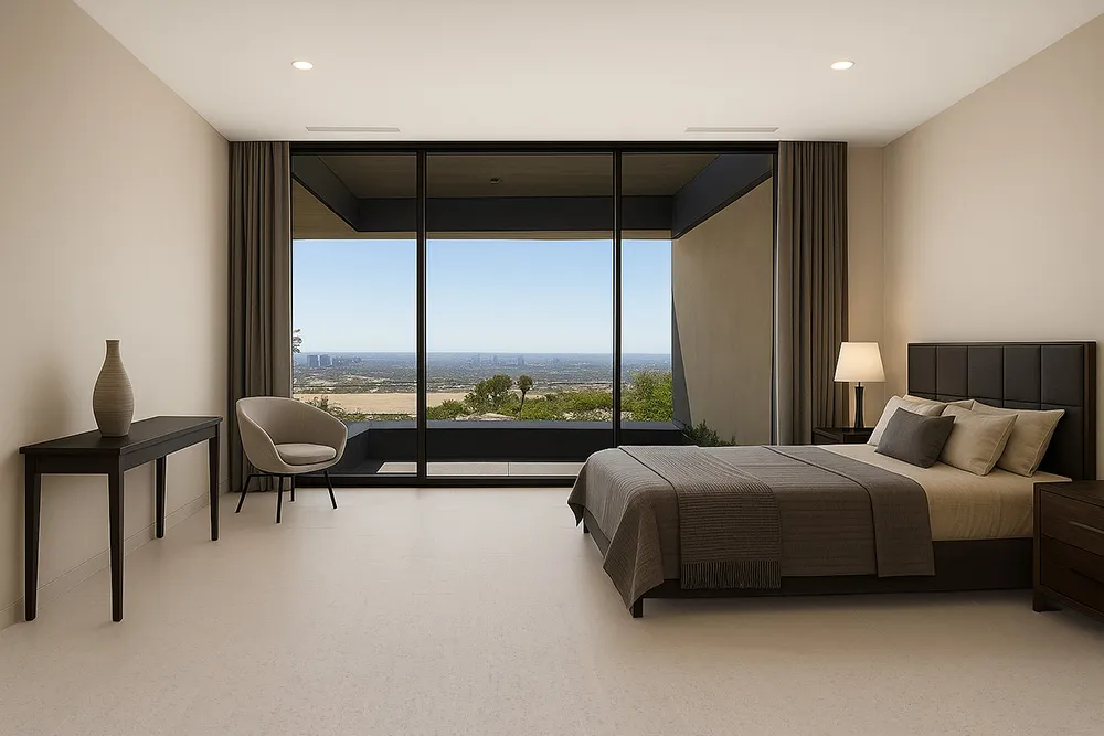 Eco-friendly Bleached Birch cork flooring in a serene bedroom with panoramic views.