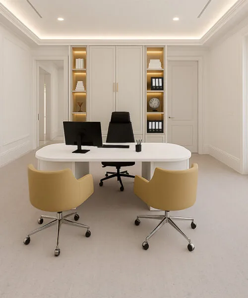 Bleached Birch - 1/4" (6mm) - Cork Glue Down Tile (GBB6) Soft beige cork flooring providing comfort and quiet in a bright home office space.
