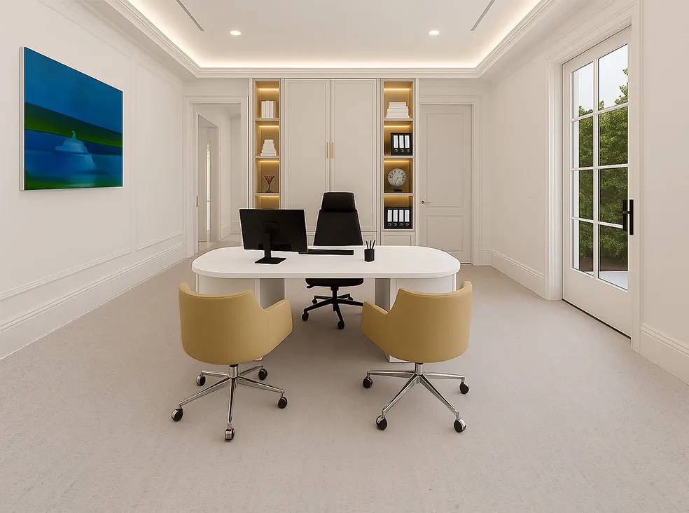 Soft beige cork flooring providing comfort and quiet in a bright home office space.