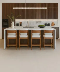 Water-resistant cork floor in Bleached Birch enhancing a contemporary kitchen interior.