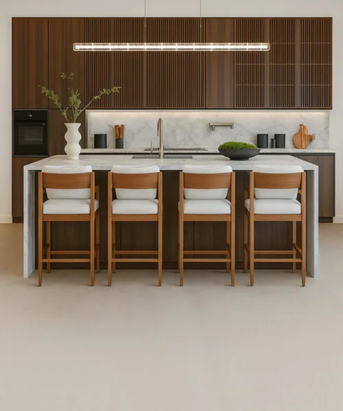 Water-resistant cork floor in Bleached Birch enhancing a contemporary kitchen interior.