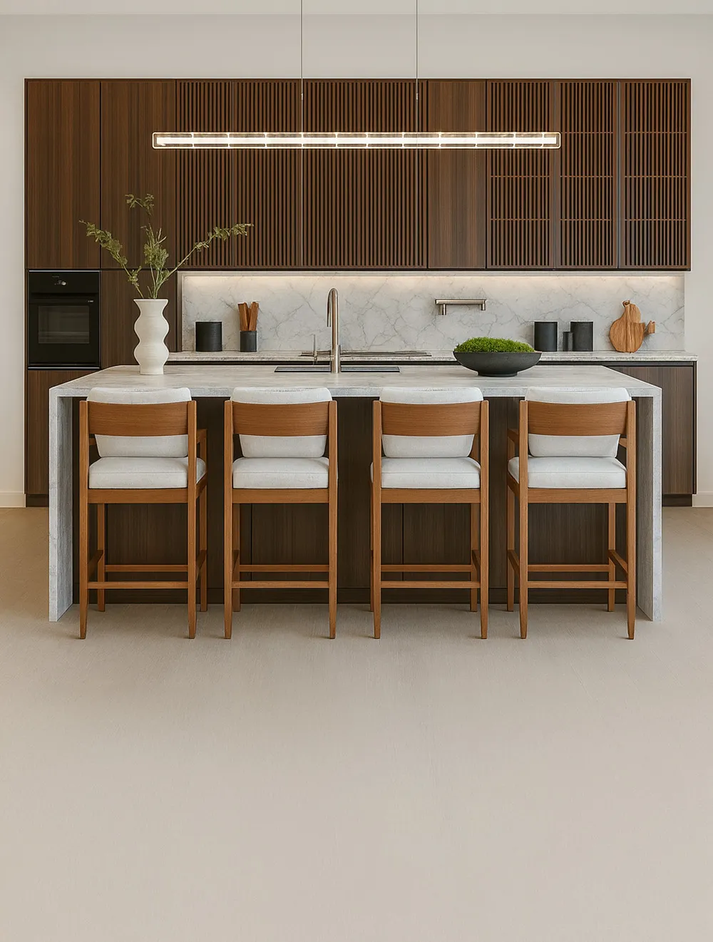 Water-resistant cork floor in Bleached Birch enhancing a contemporary kitchen interior.