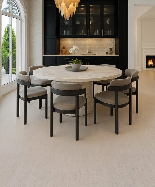 Light bleached cork flooring adding warmth and sound-reduction to a stylish dining room.
