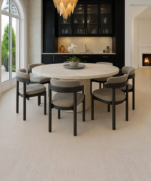 Bleached Birch - 1/4" (6mm) - Cork Glue Down Tile (GBB6) Light bleached cork flooring adding warmth and sound-reduction to a stylish dining room.