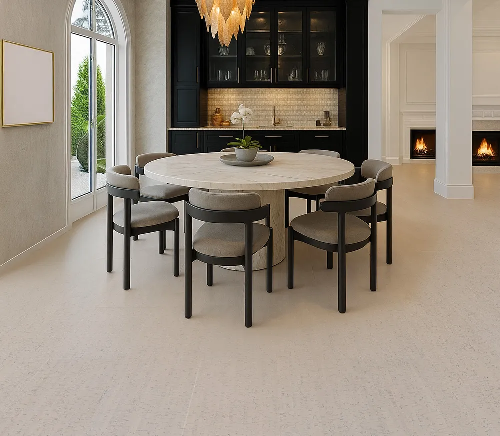 Light bleached cork flooring adding warmth and sound-reduction to a stylish dining room.