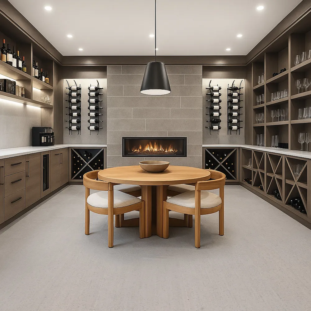 Durable cork flooring in bleached birch tone installed in an elegant wine tasting room.