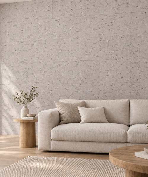 Bleached Birch glue-down cork tiles on a living room accent wall — visualization
