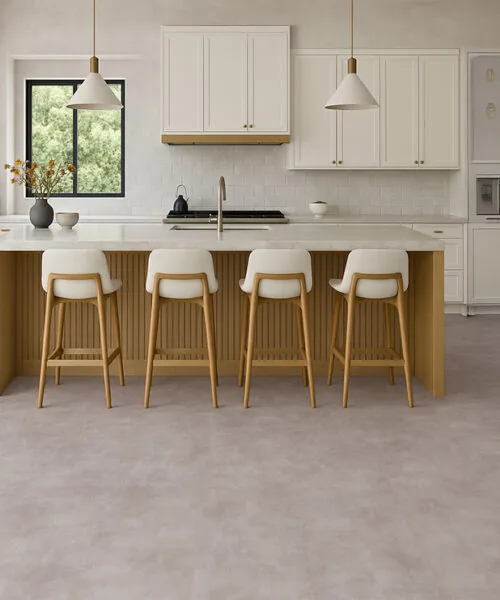 Copperstone Gray - 3/8" (9.5mm) - Forna Natural Composite Flooring with Waterproof Hydrowood Core (NCopG9.5) Chic white kitchen with durable waterproof Copperstone Gray Forna Natural Composite flooring.