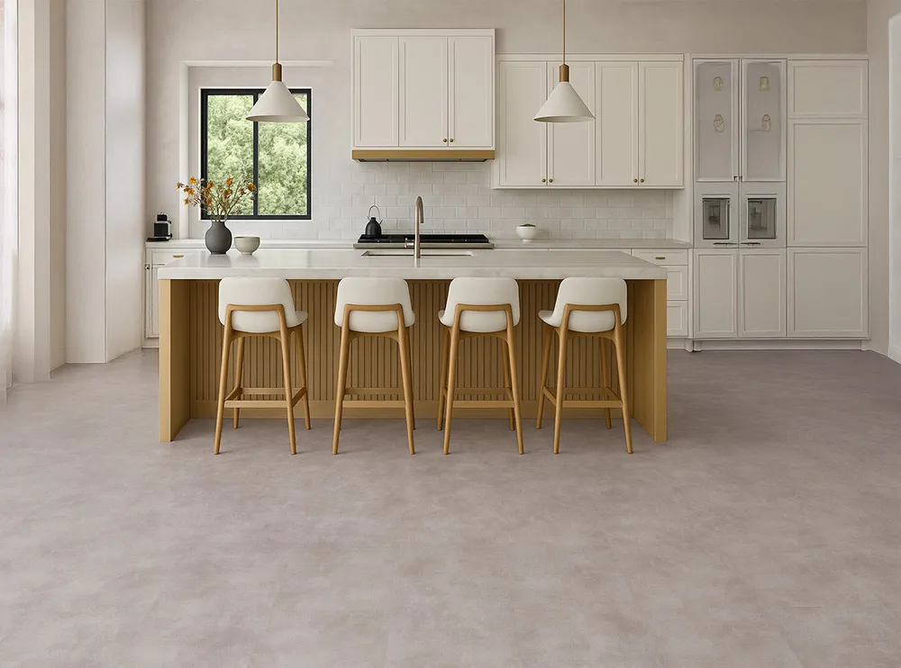 Copperstone Gray - 3/8" (9.5mm) - Swiss Real Linoleum Hydrowood Core Waterproof Floating Flooring (NCopG9.5) Chic white kitchen with durable waterproof Copperstone Gray Swiss Linoleum flooring.