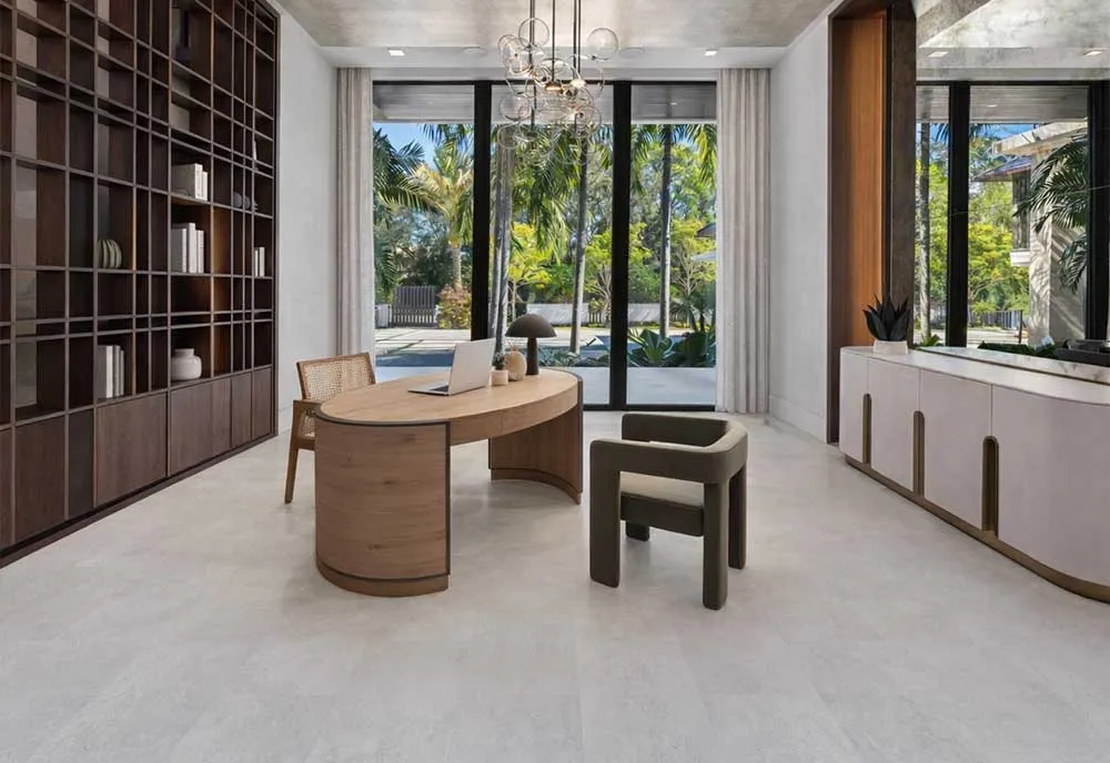 Bright Stone - 19/64" (7.5mm) - Swiss Techslate (MBrSt7.5) Modern home office design featuring Bright Slate slate cork flooring and floor-to-ceiling windows