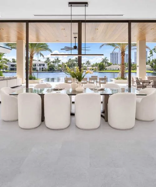 Bright Stone - 19/64" (7.5mm) - Swiss Techslate (MBrSt7.5) Luxury dining space featuring Bright Slate Swiss cork flooring with modern slate look surface