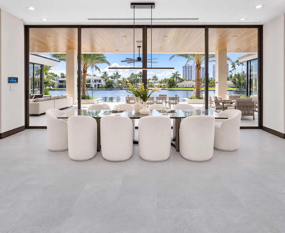 Bright Stone - 19/64" (7.5mm) - Swiss Techslate (MBrSt7.5) Luxury dining space featuring Bright Slate Swiss cork flooring with modern slate look surface
