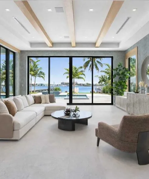 Bright Stone - 19/64" (7.5mm) - Swiss Techslate (MBrSt7.5) Modern waterfront living room featuring Bright Slate slate-look cork flooring installation