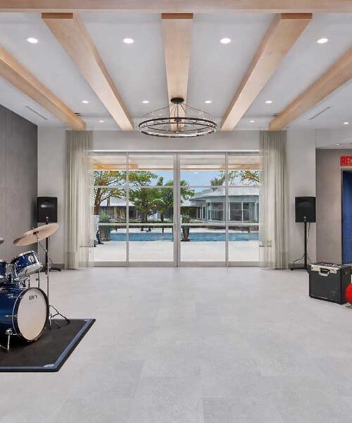 Bright Stone - 19/64" (7.5mm) - Swiss Techslate (MBrSt7.5) Contemporary music room featuring Bright Slate slate-look cork flooring and acoustic interior
