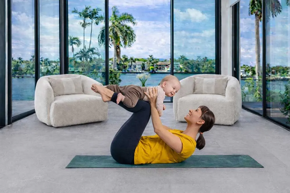 Bright Stone - 19/64" (7.5mm) - Swiss Techslate (MBrSt7.5) Healthy living space featuring Bright Slate Swiss cork flooring ideal for yoga and family activities