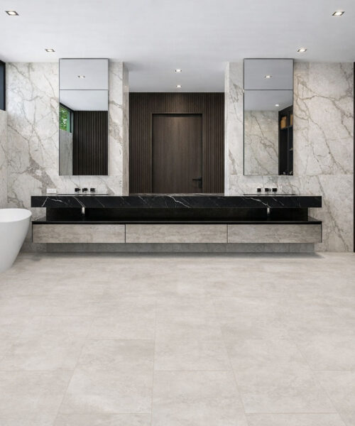 Bright Stone - 19/64" (7.5mm) - Swiss Techslate (MBrSt7.5) Soft light stone flooring complementing a modern bathroom with clean architectural lines