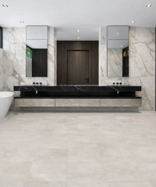 Bright Stone - 19/64" (7.5mm) - Swiss Techslate (MBrSt7.5) Soft light stone flooring complementing a modern bathroom with clean architectural lines