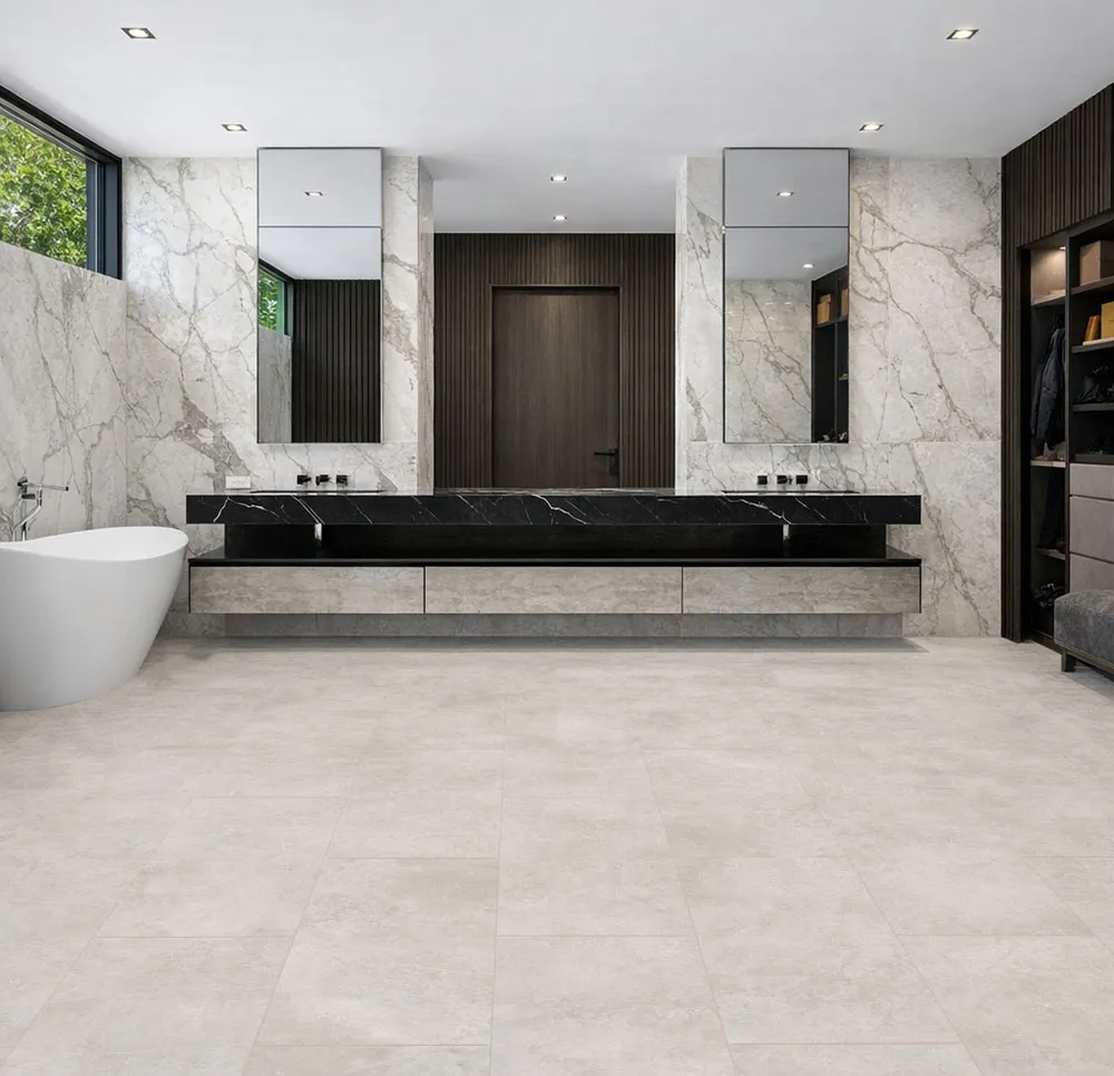 Bright Stone - 19/64" (7.5mm) - Swiss Techslate (MBrSt7.5) Soft light stone flooring complementing a modern bathroom with clean architectural lines