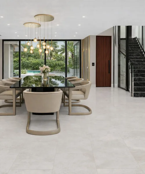 Bright Stone - 19/64" (7.5mm) - Swiss Techslate (MBrSt7.5) Elegant dining area featuring seamless stone-style flooring and open design