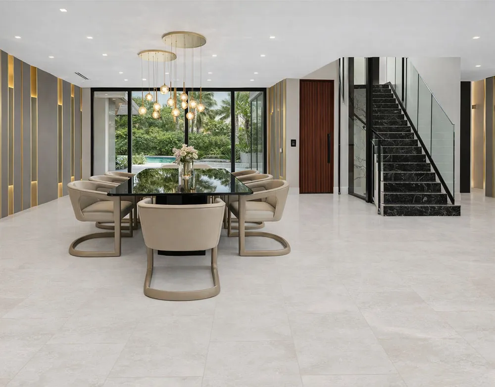 Bright Stone - 19/64" (7.5mm) - Swiss Techslate (MBrSt7.5) Elegant dining area featuring seamless stone-style flooring and open design