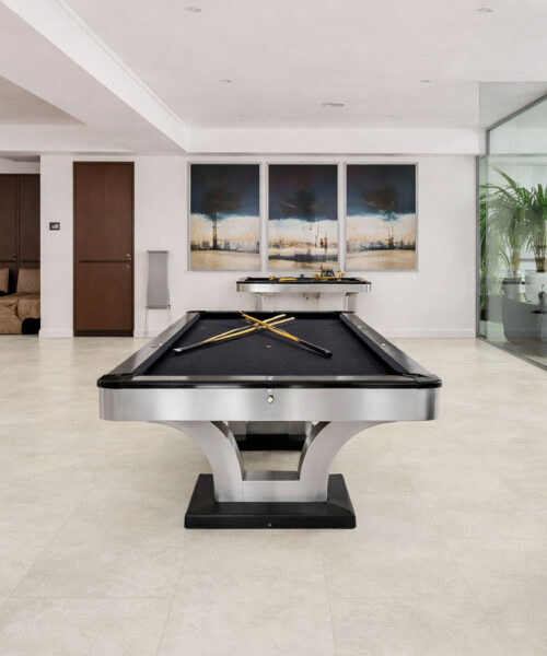 Bright Stone - 19/64" (7.5mm) - Swiss Techslate (MBrSt7.5) Modern recreation room with durable stone-look flooring and minimalist design