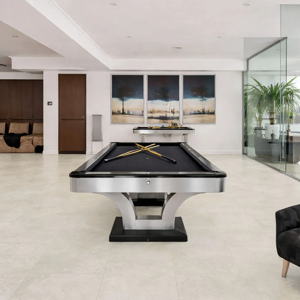 Bright Stone - 19/64" (7.5mm) - Swiss Techslate (MBrSt7.5) Modern recreation room with durable stone-look flooring and minimalist design