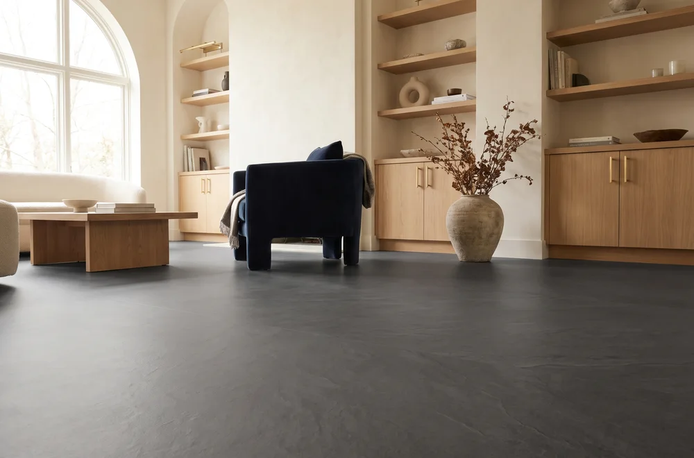 Bright Stone - 19/64" (7.5mm) - Swiss Techslate (MBrSt7.5) Large-format stone-style flooring flowing through a contemporary hallway and staircase