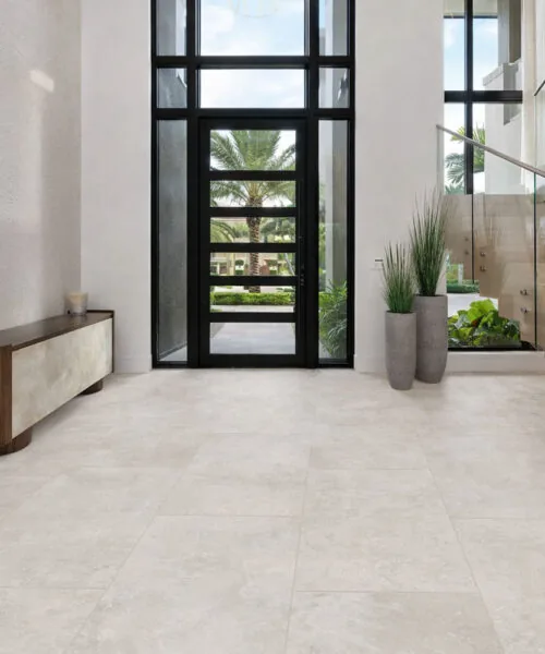 Bright Stone - 19/64" (7.5mm) - Swiss Techslate (MBrSt7.5) Light stone-look flooring creating a bright and welcoming modern entryway