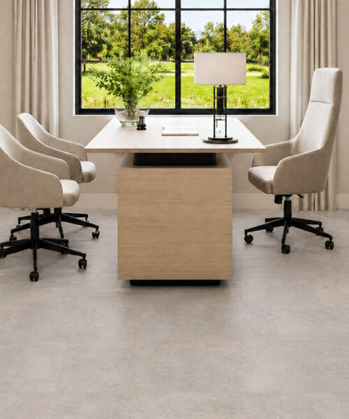 Bris Stone - 7/16" (11mm) - Swiss Design Cork Floating (FBsSt11) Bris Stone sustainable cork flooring in pale gray-beige complements a home office with built-in shelving.