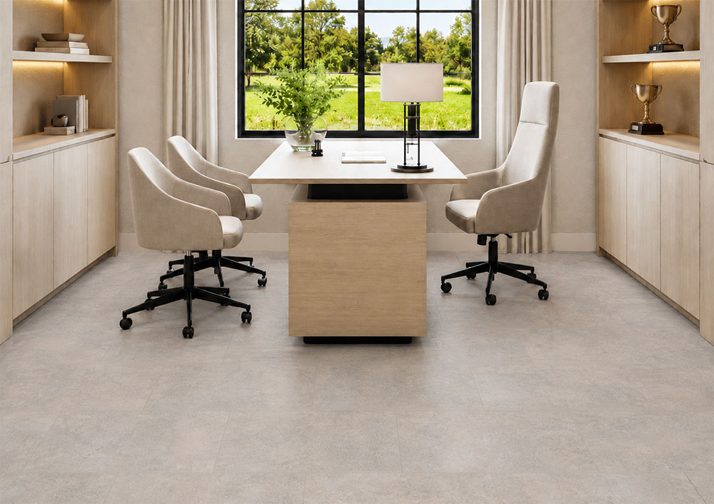 Bris Stone - 7/16" (11mm) - Swiss Design Cork Floating (FBsSt11) Bris Stone sustainable cork flooring in pale gray-beige complements a home office with built-in shelving.