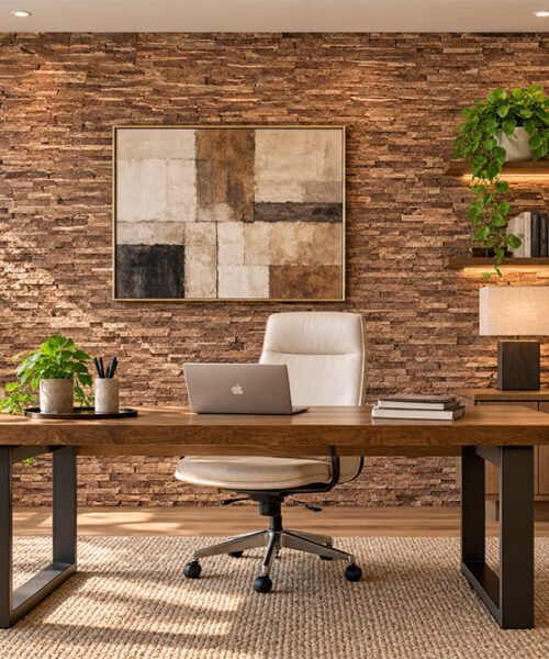 Natural brown Stacked Stone cork wall tiles with rugged horizontal layers add warmth and depth to a contemporary home office.