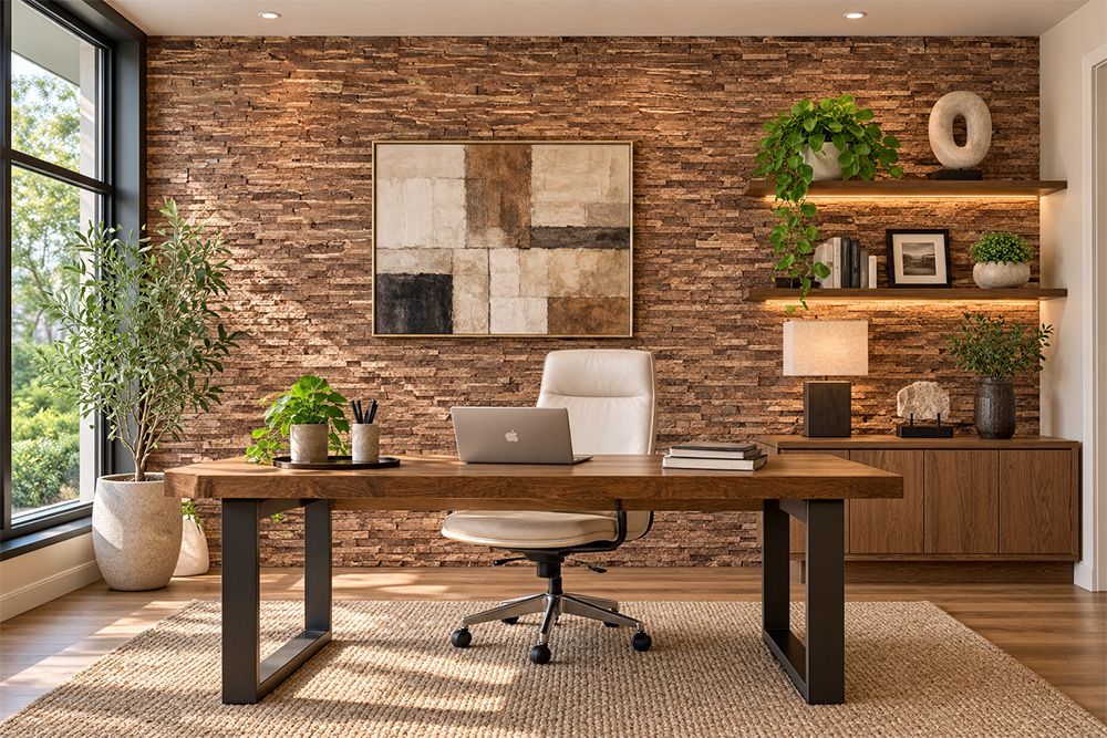 Stacked Stone - 55/64" (22mm) - Acoustic Cork Wall Tile (WSkSt22) Natural brown Stacked Stone cork wall tiles with rugged horizontal layers add warmth and depth to a contemporary home office.