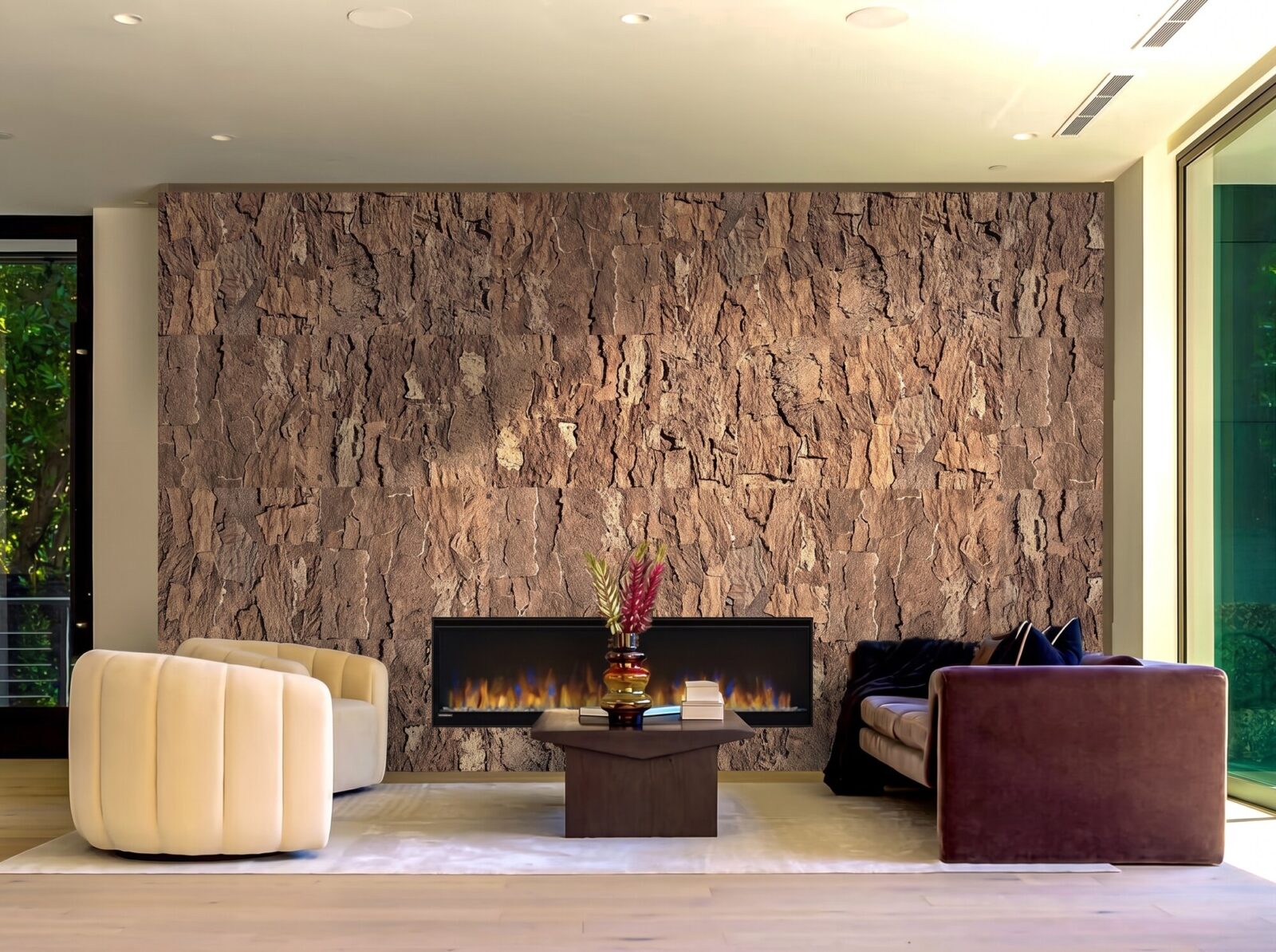 Ecoclay acoustic cork wall panels in a modern living room