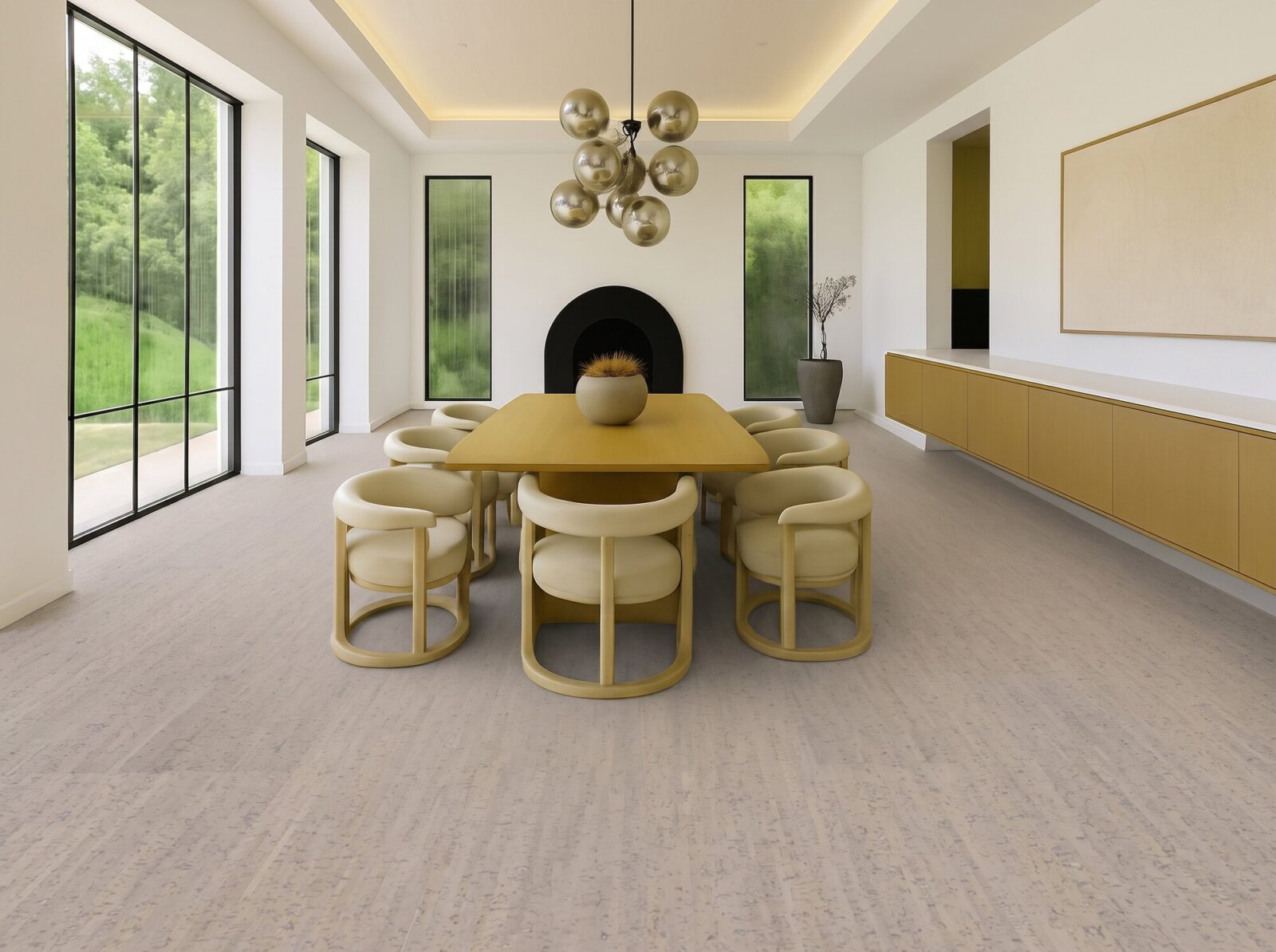 Gray Bamboo cork glue down tile in a modern dining room with flat cork flooring