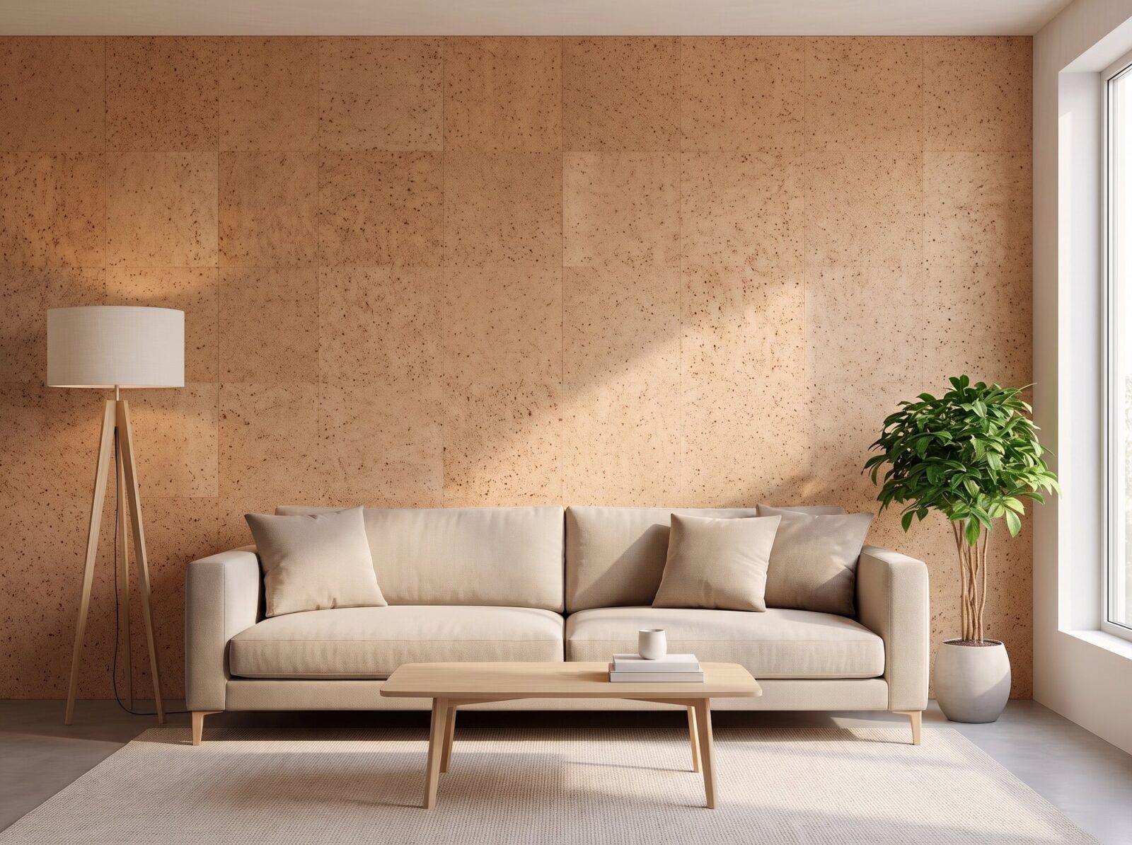 Logan flat cork wall tiles in a warm modern living room