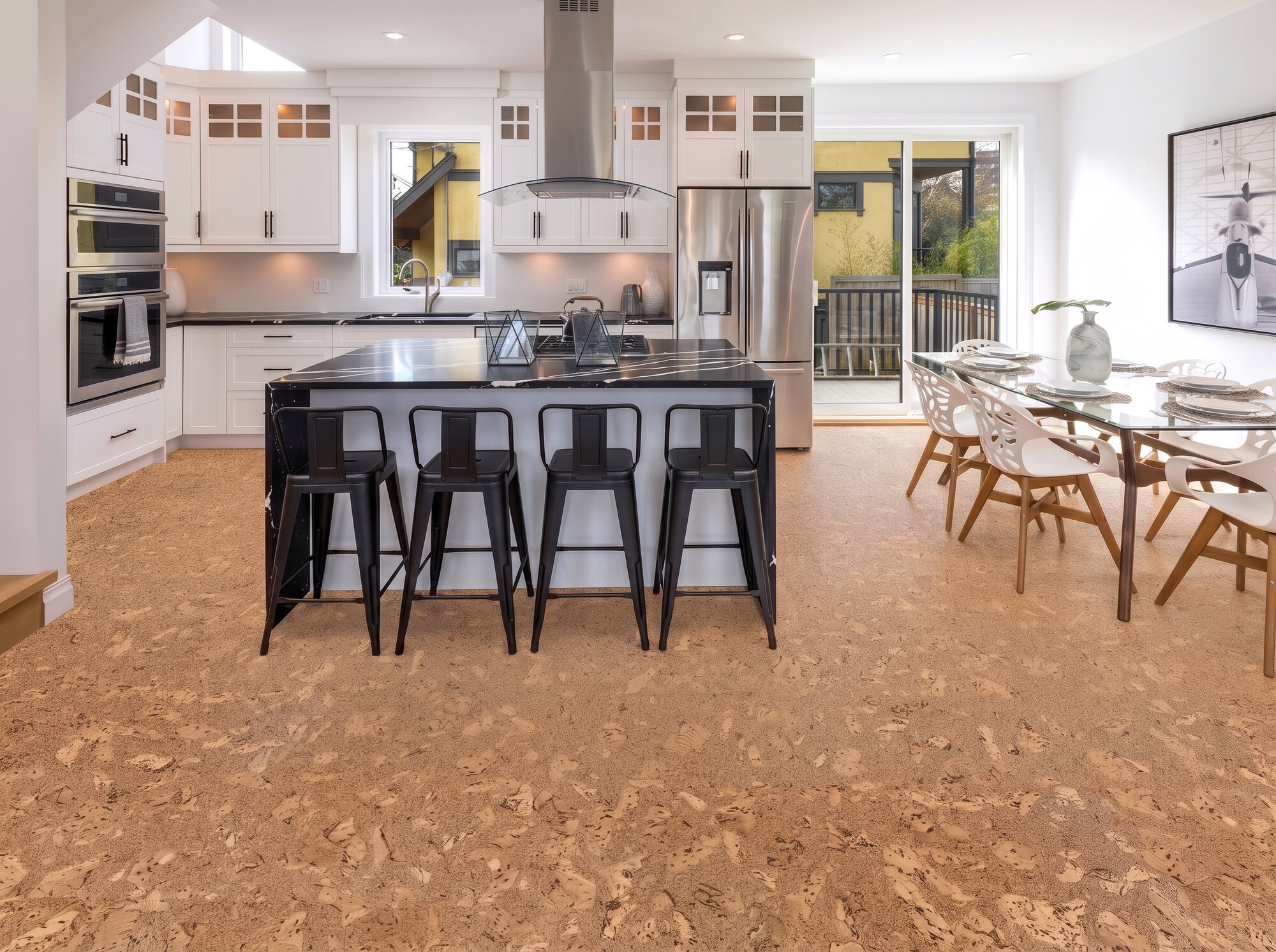 Salami natural cork floating flooring in a modern kitchen with flat cork flooring
