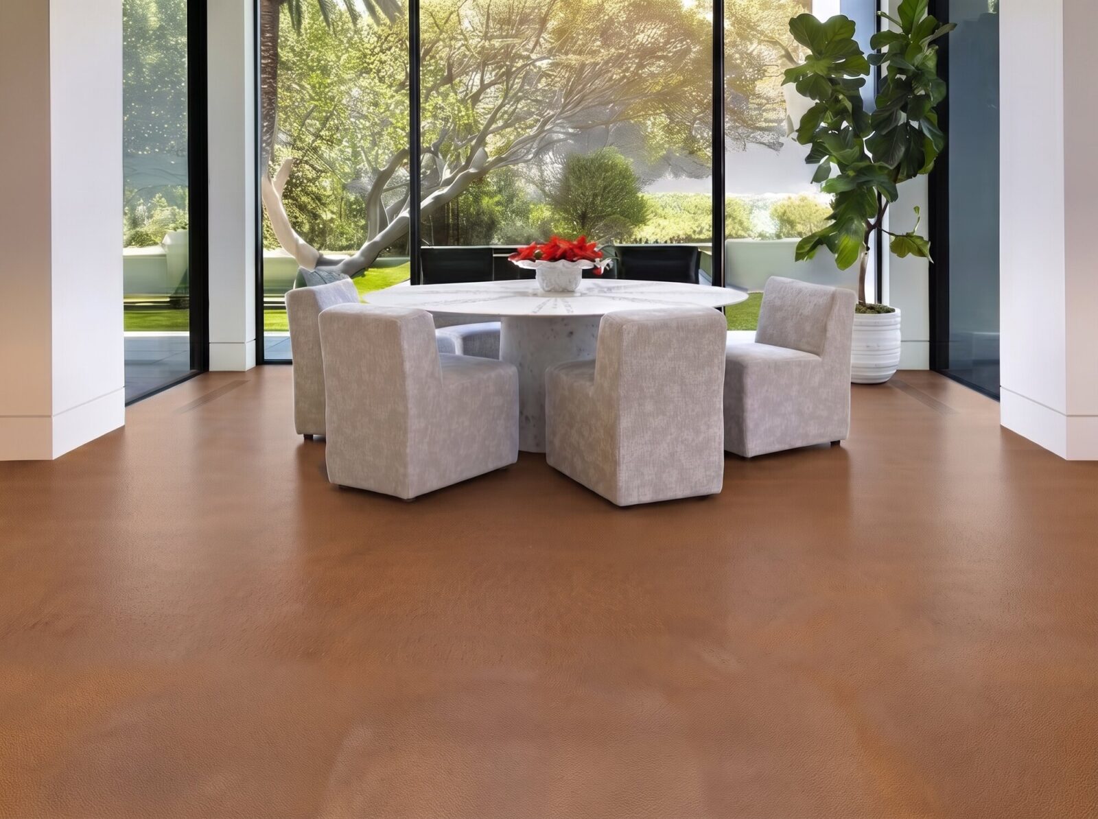 Cocoa Tan Swiss leather flooring in a refined modern lounge with flat flooring