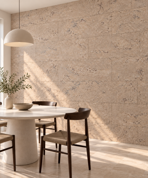 Ceramic Marble glue-down cork tiles in a sunlit dining room — wall application visualization