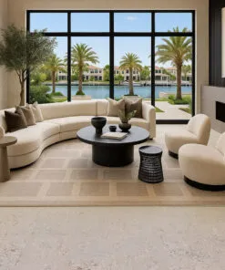 Spacious living room with ceramic marble cork flooring and floor-to-ceiling windows