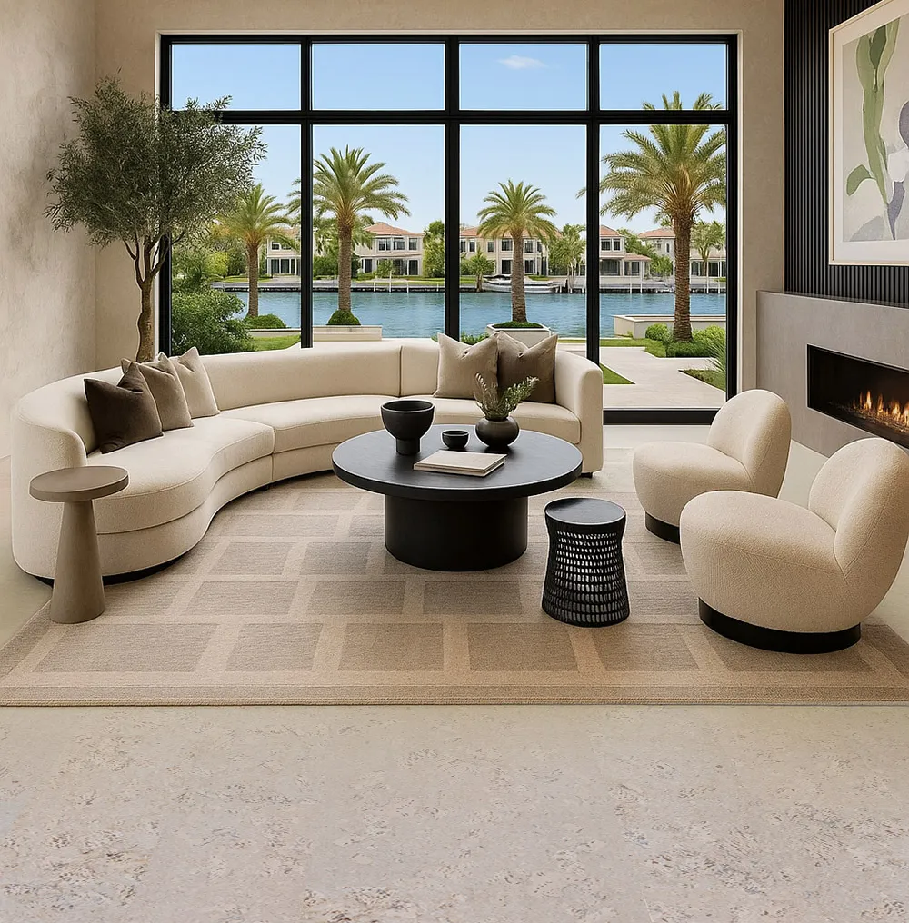 Spacious living room with ceramic marble cork flooring and floor-to-ceiling windows
