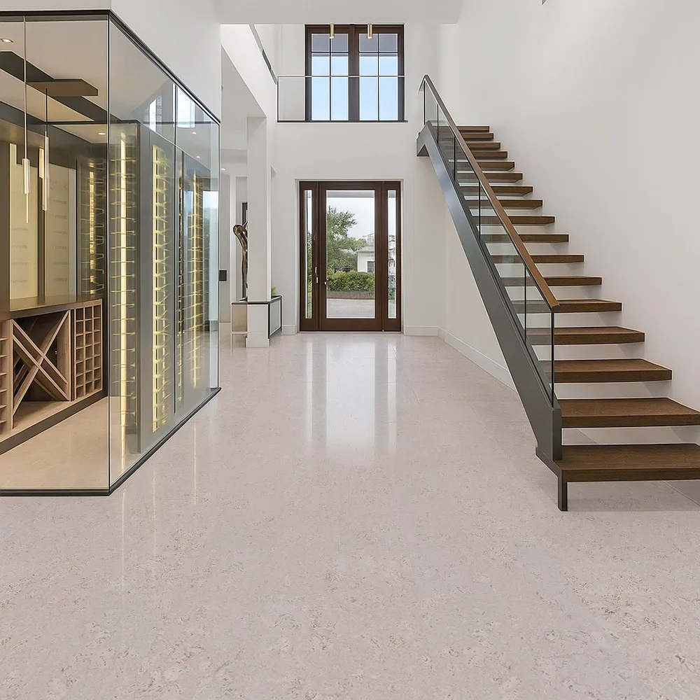 Bright entryway with floating staircase and ceramic marble cork flooring