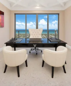 Home office designed with ceramic marble cork flooring for a clean, modern look
