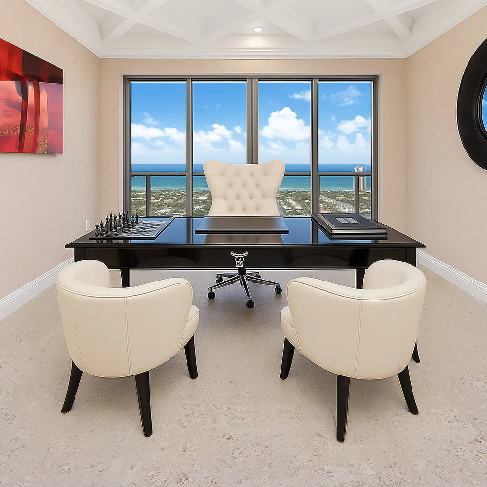 Home office designed with ceramic marble cork flooring for a clean, modern look
