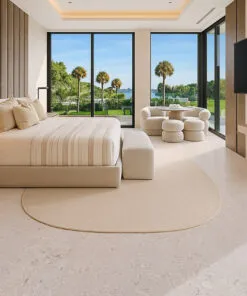 Luxury bedroom with light ceramic marble style cork flooring and soft neutral tones