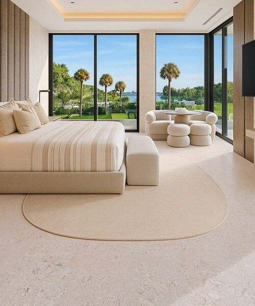 Luxury bedroom with light ceramic marble style cork flooring and soft neutral tones