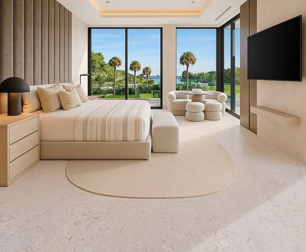 Luxury bedroom with light ceramic marble style cork flooring and soft neutral tones