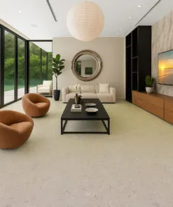 Contemporary living room with ceramic marble cork floor and panoramic outdoor views