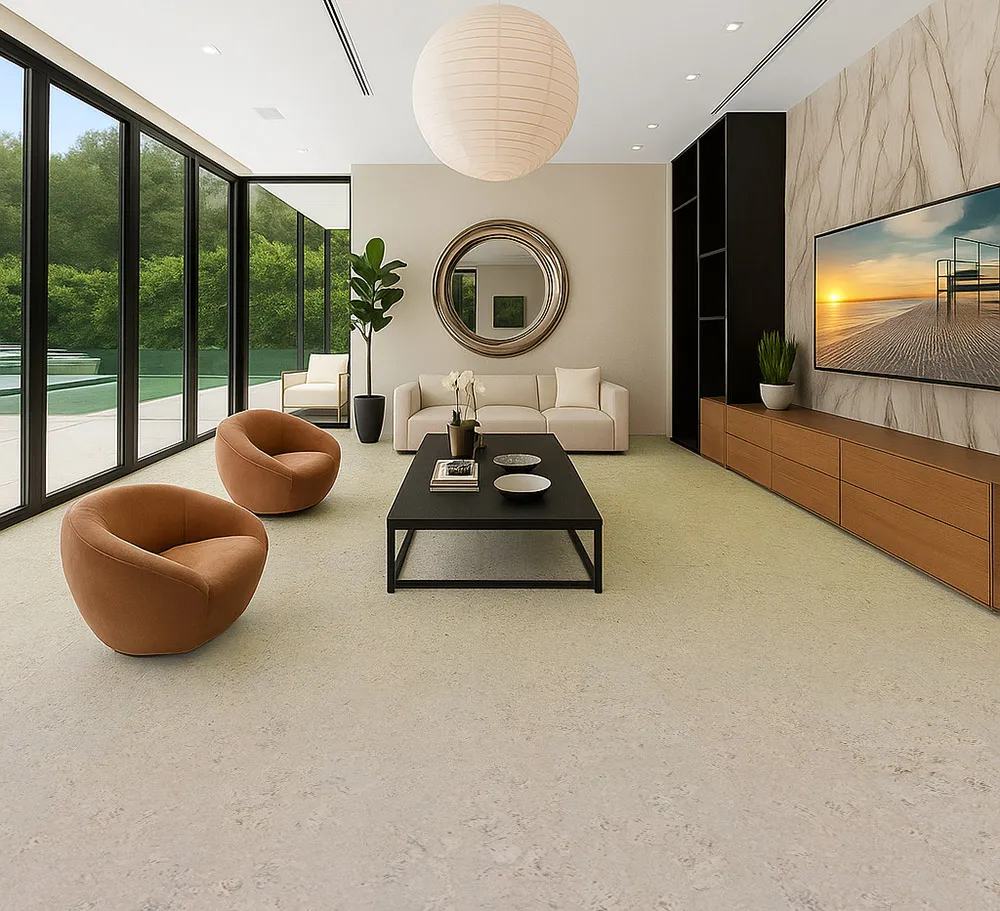 Contemporary living room with ceramic marble cork floor and panoramic outdoor views