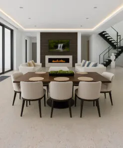 Open concept dining and living space featuring ceramic marble style cork flooring